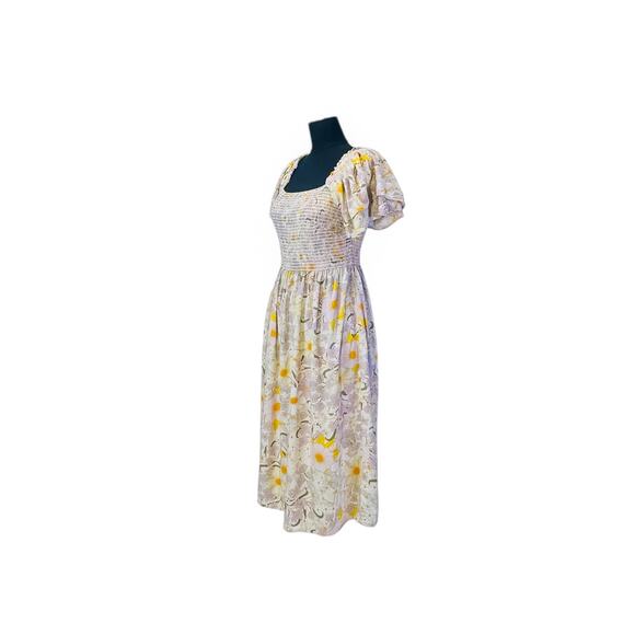 A.N.A Yellow Floral Smocked Midi Dress - Size Medium - Picture 4 of 10